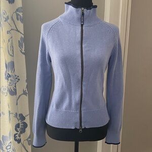 Lizzie Driver Full Zip Sweater Womens Mock Neck Blue Ribbed Knit Cardigan